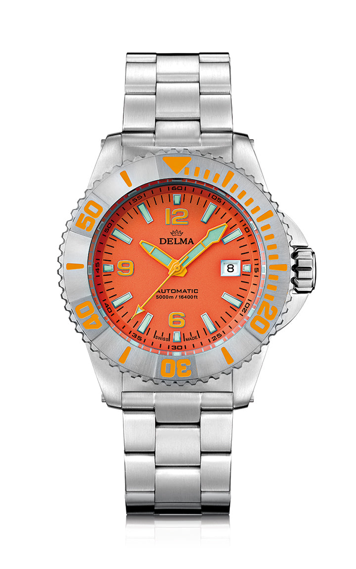 DELMA Blue Shark IV with orange dial. Water resistant to 5000 meters.