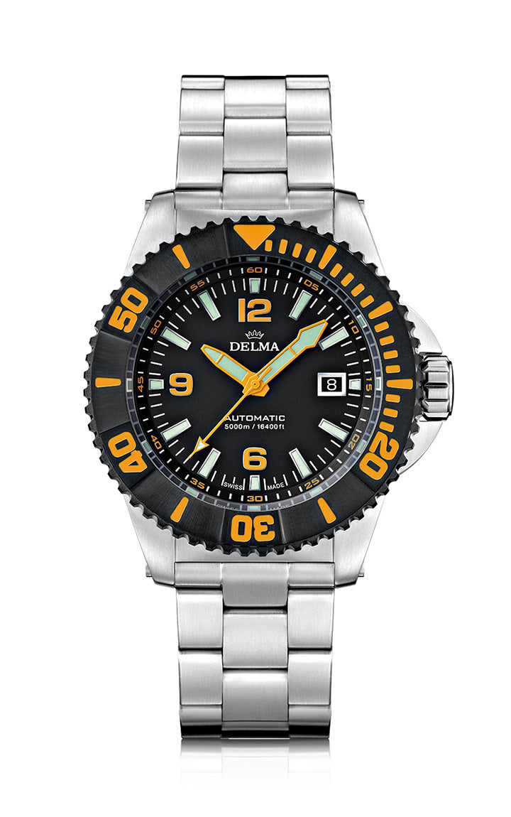 DELMA Blue Shark IV  with black DLC bezel and black dial. Water resistant to 5000 meters.