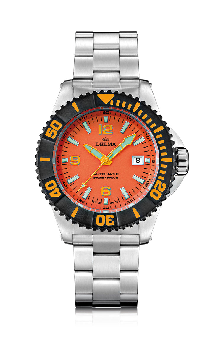 DELMA Blue Shark IV  with black DLC bezel and orange dial. Water resistant to 5000 meters.