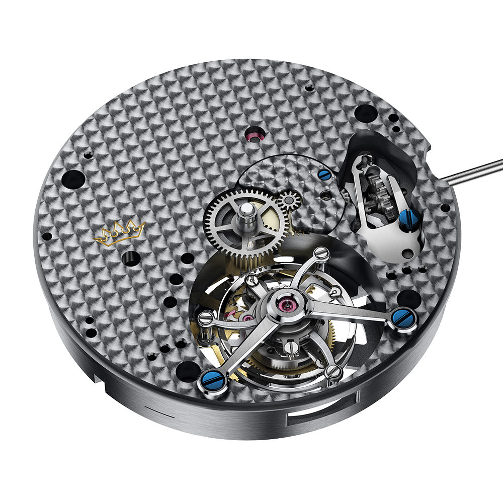 Front view of the DELMA DT100.01 with the Tourbillon cage